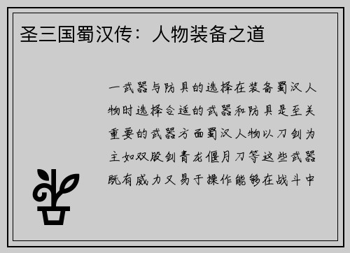 圣三国蜀汉传：人物装备之道